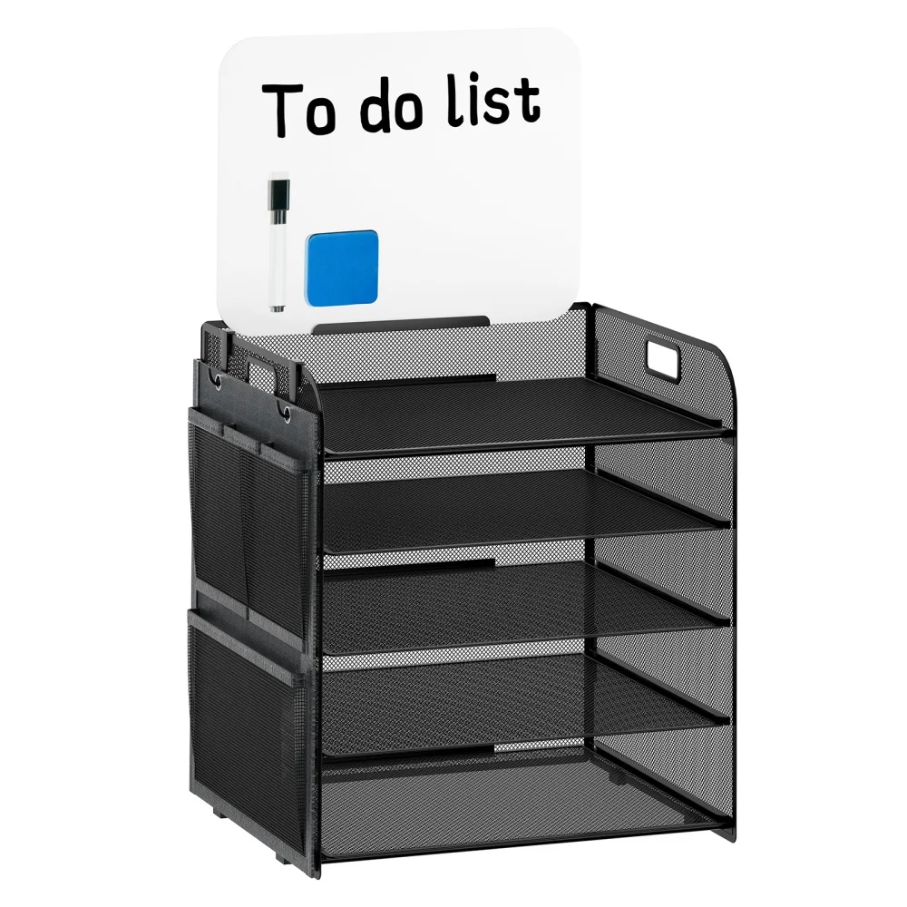 5-Tier Mesh Desk Organizer with Whiteboard & Storage Pockets, Space-Saving Office Shelf for Books, Stationery, Documents 1