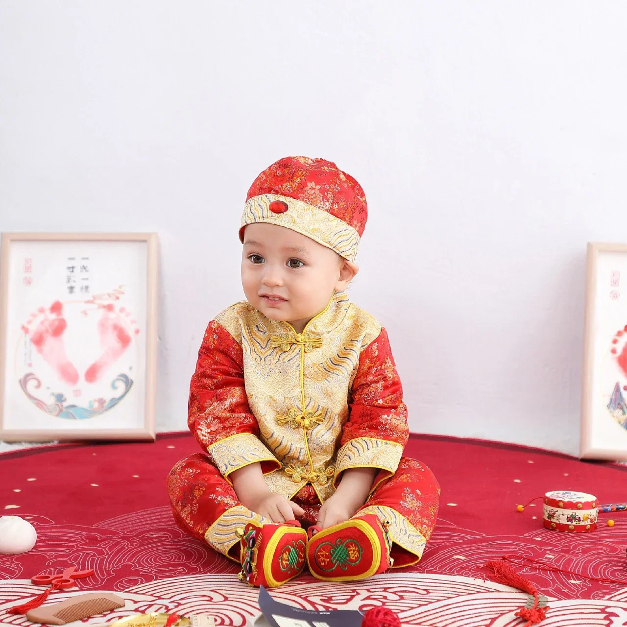 NEW Tang Suit Chinese Traditional Costume For Newborn Baby Boys Embroidery Winter Red New Year Birthday Gift Christmas Shoes