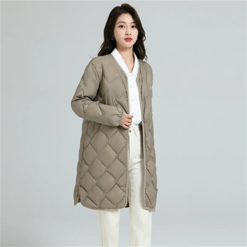 Women Rhombic Lattice Oversize Down Jacket Winter V Neck Warm Light Thin White Duck Down Coat Female Long Puffer Parkas Outwears