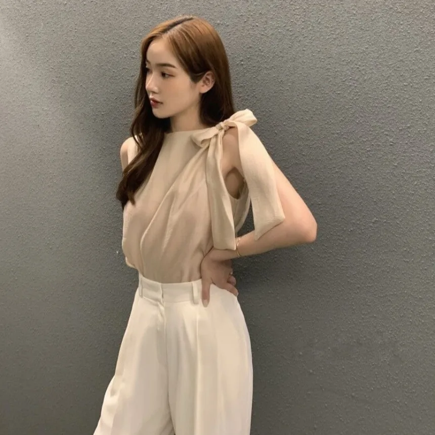 달콤한 나비 매듭 넥타이 여름 새로운 스타일 유행 다재다능한 세련된 민소매 셔츠 탑 한국 스타일 여성 의류