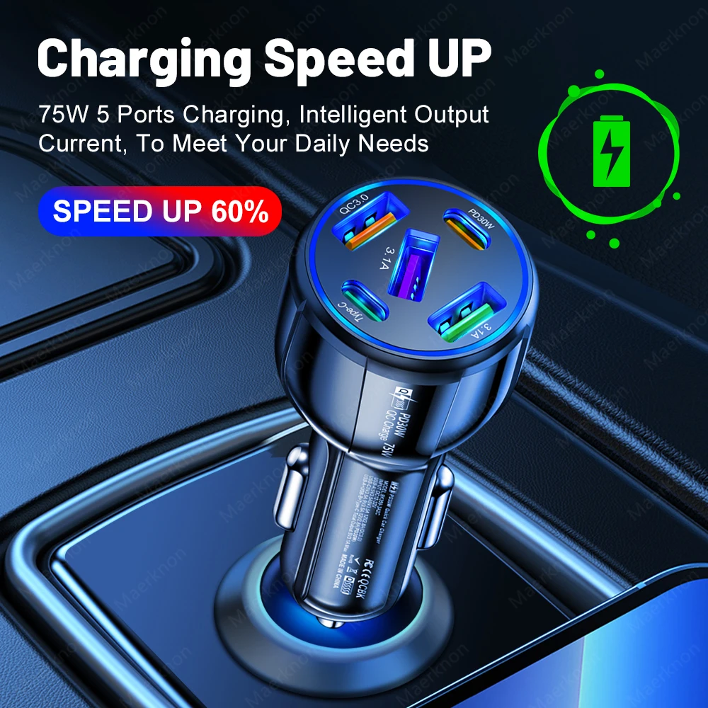 5 Ports USB Car Charger 75W PD Type C Fast Charging Charger In Car For iPhone Sa