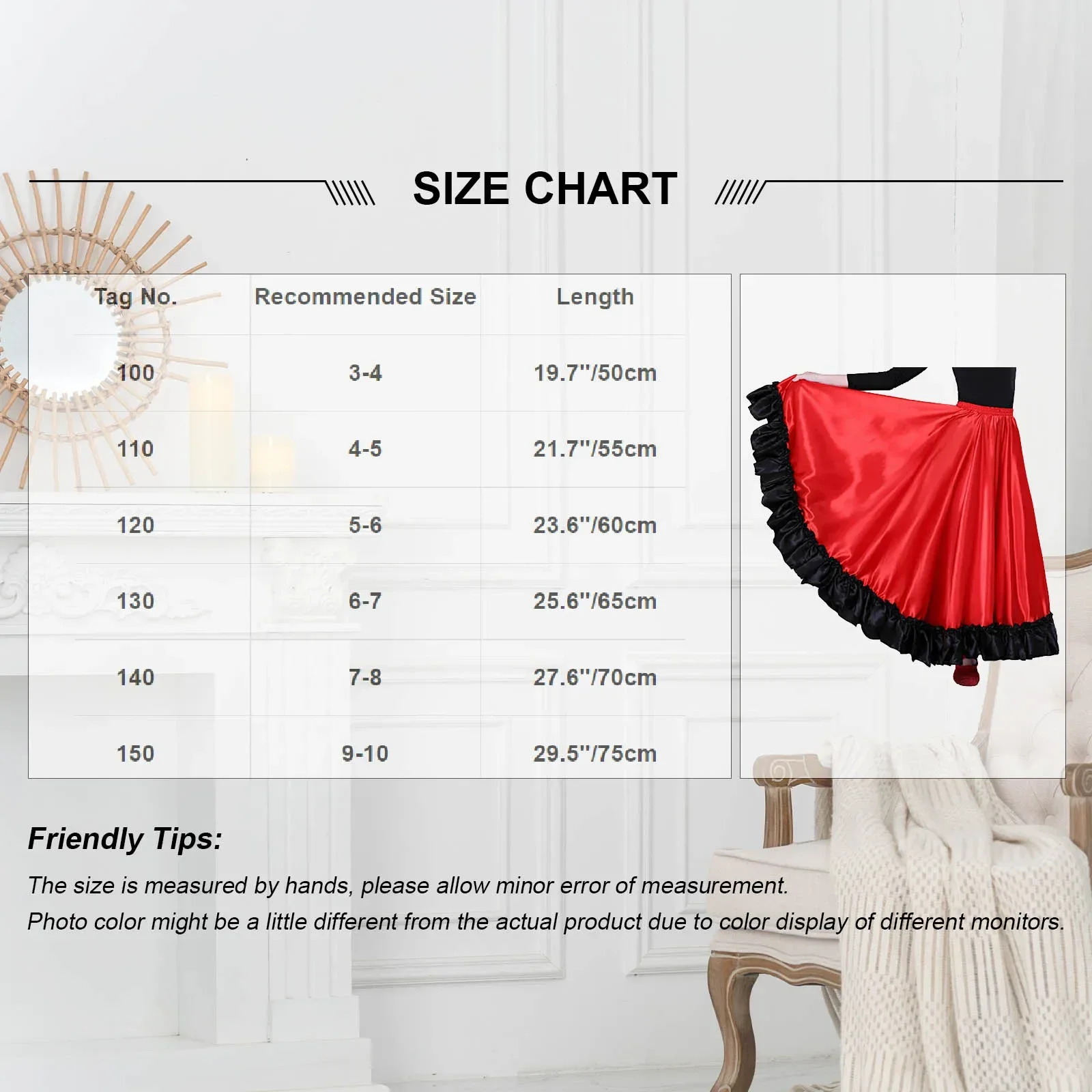 Kids Girls Spanish Paso Doble Matado Skirt Flamenco Latin Dance Stage Performance Costume Big Swing Ruffled Hem Skirt Dancewear kids flamenco skirt