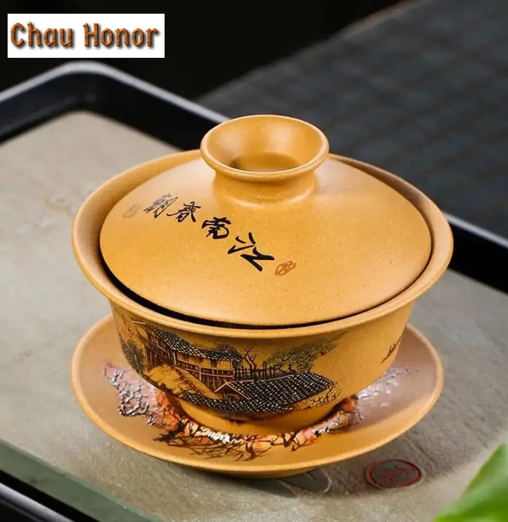 150ml Handmade Yixing Purple Clay Gaiwan Raw Ore Section Mud Tea Tureen Tea Bowl With Lid Kit Tea Brewing Cover Bowl Teaware