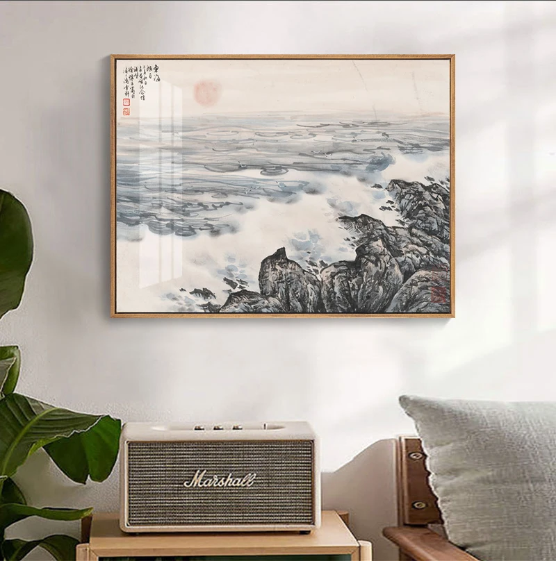 Stile Tradizionale Cinese Mountain River Tree Sun Landscape Canvas Abstract Poster Print Wall Art Picture Living Room Home Decor