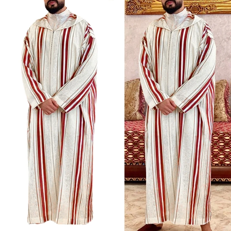 Stripe Long Sleeve Casual Abaya Muslim Dress Moroccan Ramadan Gown Shirt for Men