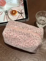 Cute Plush Leopard Travel Cosmetic Lipstick Brush Portable Storage Bag Women Makeup Handbags Wallet Pouch Make Up Bags Organizer 3