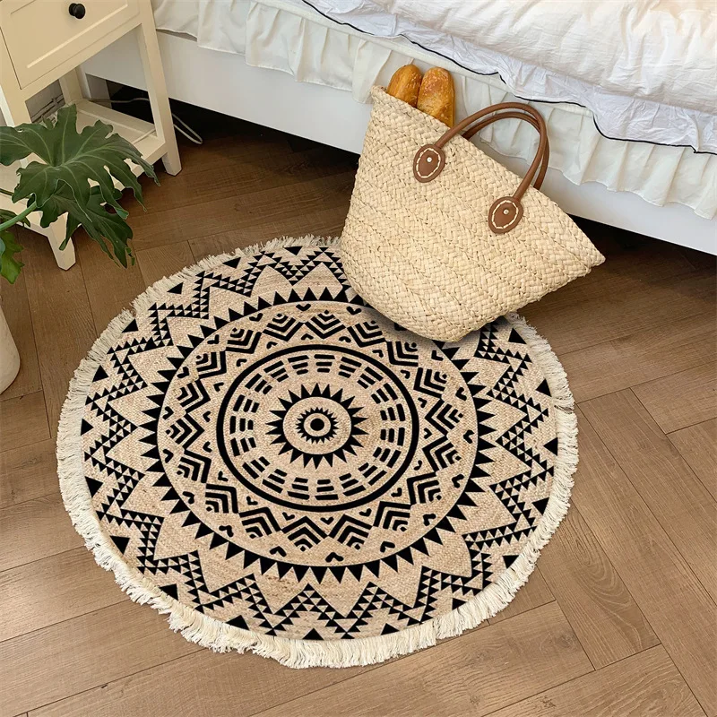 Cotton Linen Round Carpet Ethnic Printed Tassel Rugs Retro Bedroom Area Rugs for Living Room Floor Mat Macrame Carpets 4
