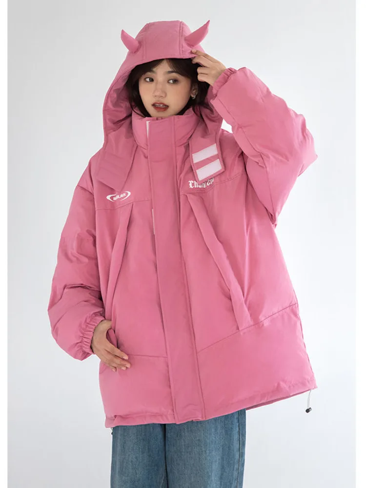 

Devil's Horn Hooded Parkas Women Winter Solid Color Cotton Padded Jacket Women Loose Hip Hop Harajuku Puffer Coat Bubble Outwear