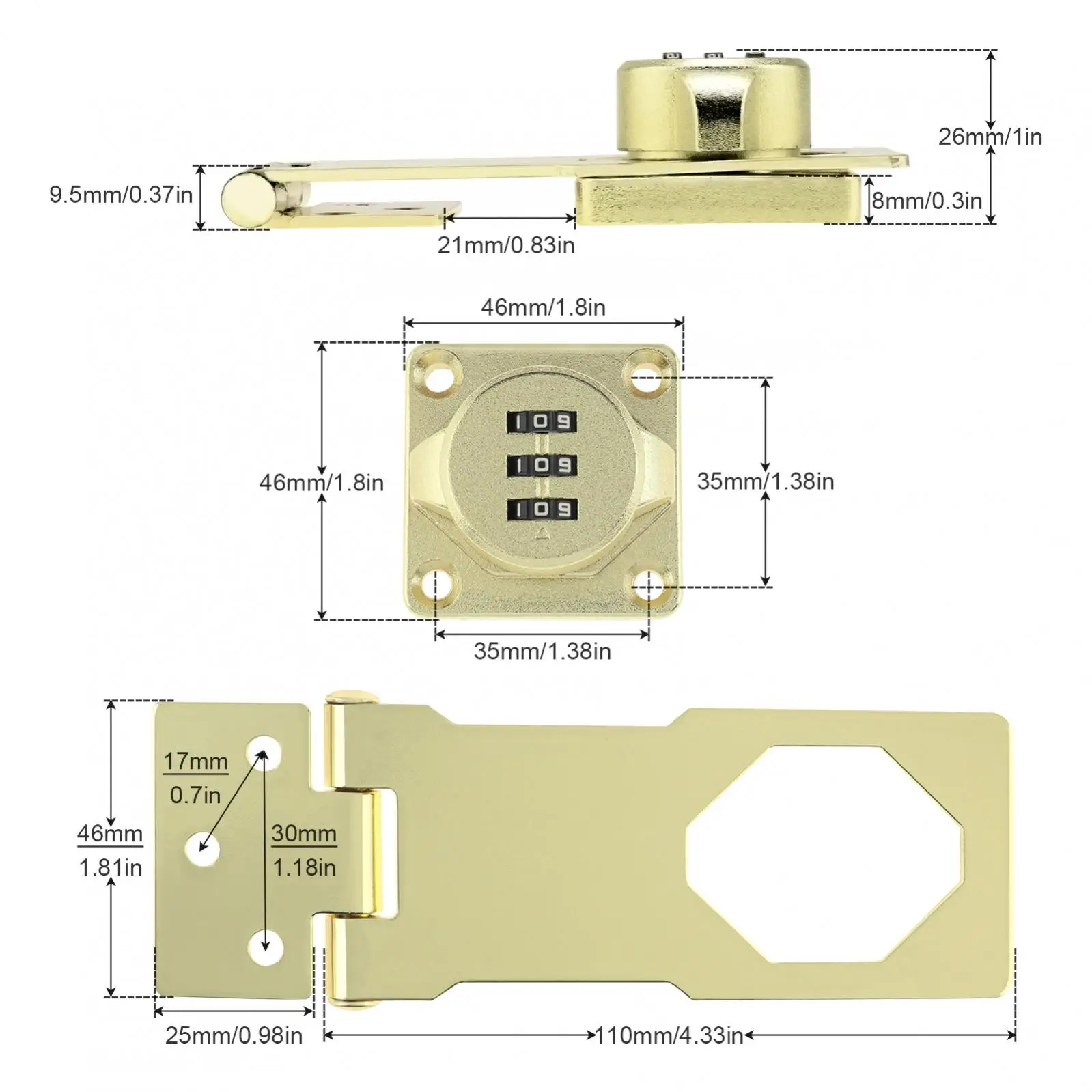 Gold Zinc Alloy Hasp Locks Slide Latch Lock Keyless Combination Lock for Kitchen Drawers Cabinets Cupboard with Password Code