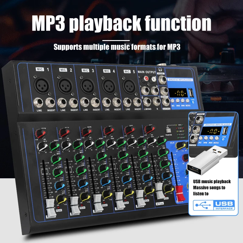 미니 오디오 D 믹서 사운드 보드 콘솔 시스템, 4/7 채널 팬텀 파워, USB MP3 스테레오 라이브 DJ 스튜디오 스트리밍용