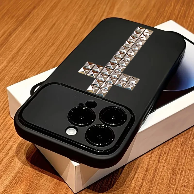 Rivet Cross Shockproof Black Matte Phone Case with Large Window