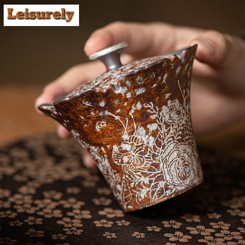 150ml Retro Gilded Silver Flower Mouth Gaiwan Zen Coarse Pottery  Tea Tureen Household Tea Maker Cover Bowl Chinese Tea Set Gift