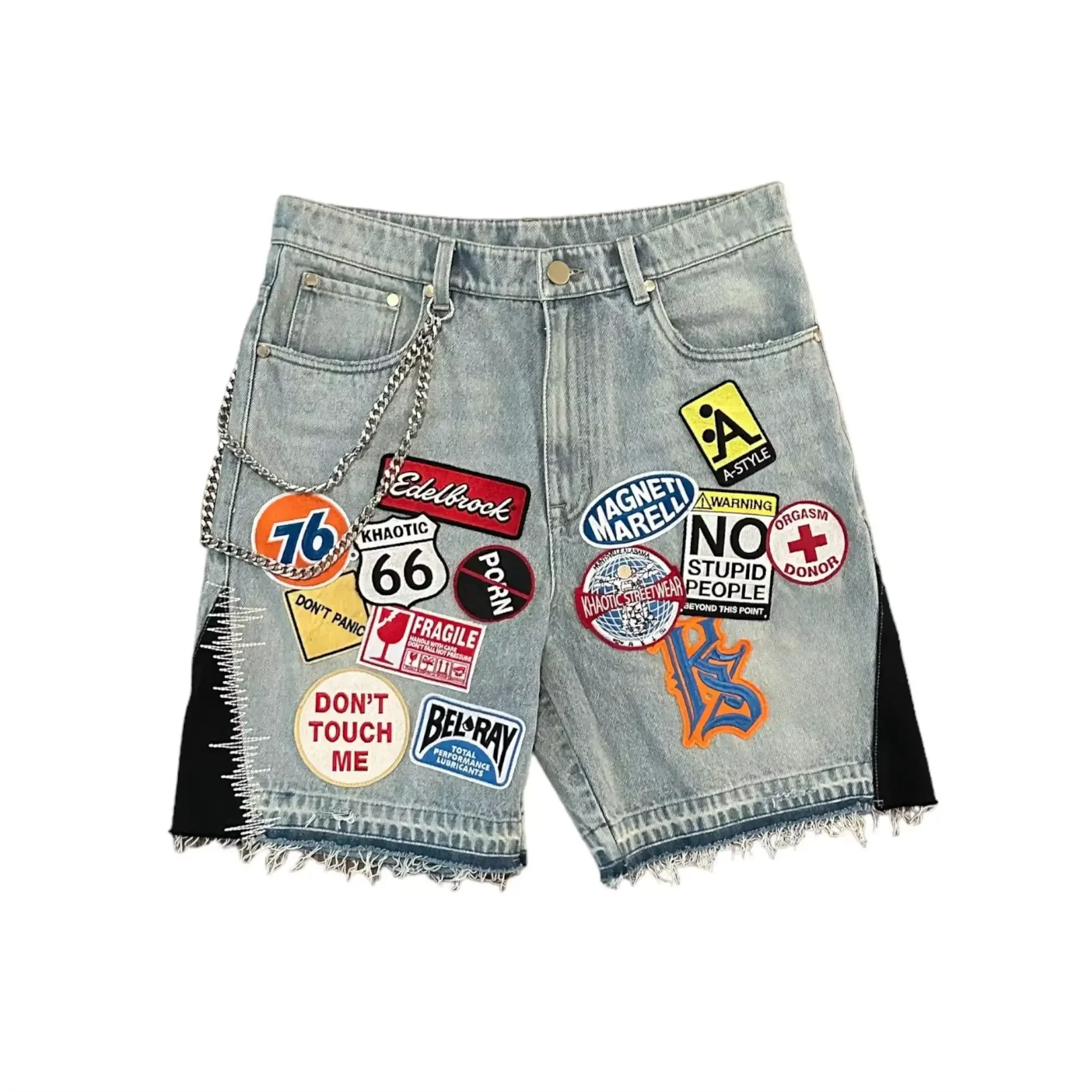 Y2K Jeans Cartoon Embroidery Pattern Retro Blue Patch Loose Low Rise Street Trend Denim Men Women Hip Hop Fitness Casual Short