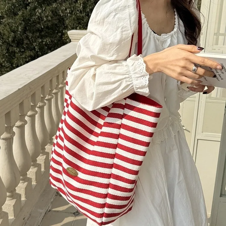JIAERDI Retro Red Striped Canvas Bag For Women 2025 New Trendy Large Capacity Tote Bag Purse Ladies Vintage Shopping Handbag New