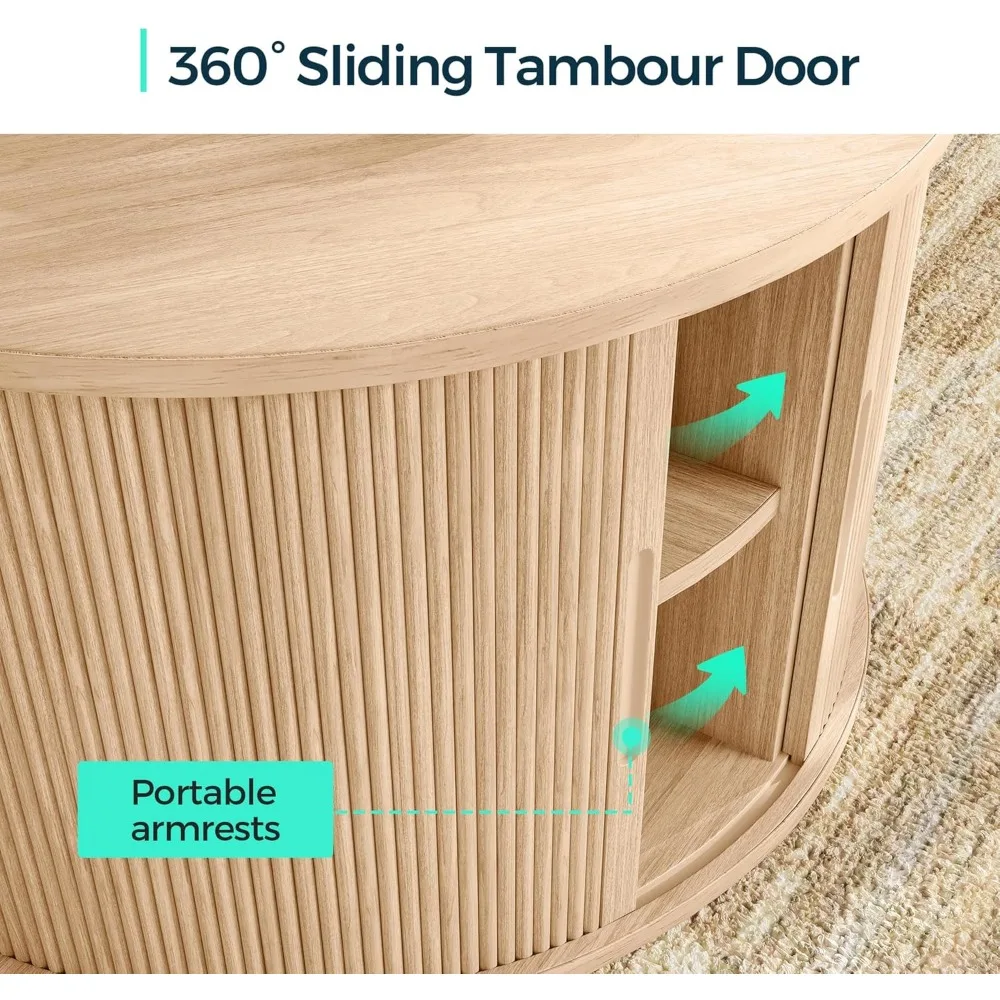Round Coffee Table, 31.5" Drum Coffee Table with Sliding Tambour Door, Fluted Accent Center Table with Storage, Mid Century 6