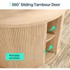 Round Coffee Table, 31.5" Drum Coffee Table with Sliding Tambour Door, Fluted Accent Center Table with Storage, Mid Century 6