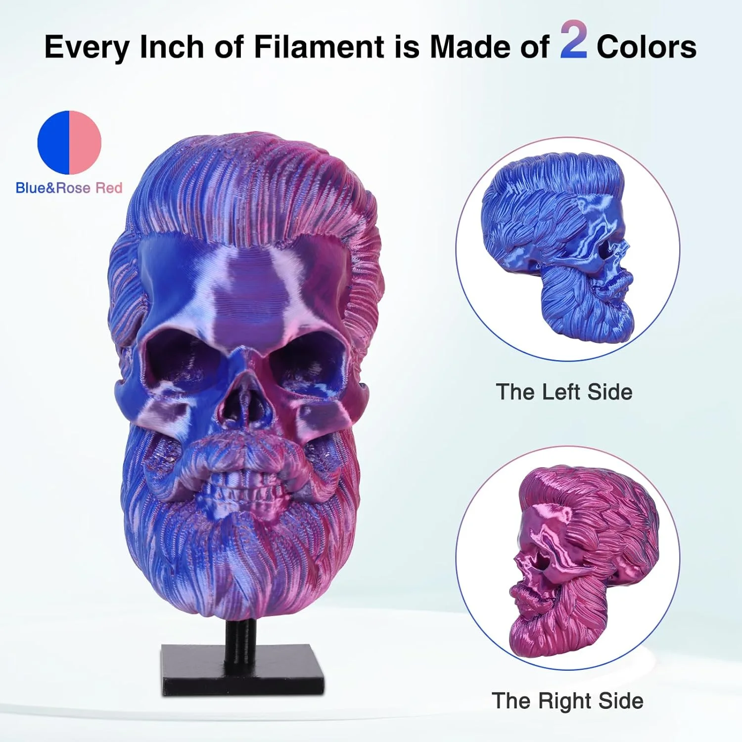 실크 PLA 필라멘트 1.75mm, 3D 프린터 필라멘트 이중 색상 공압출 필라멘트 PLA, 250g, 실크 로즈 레드 블루