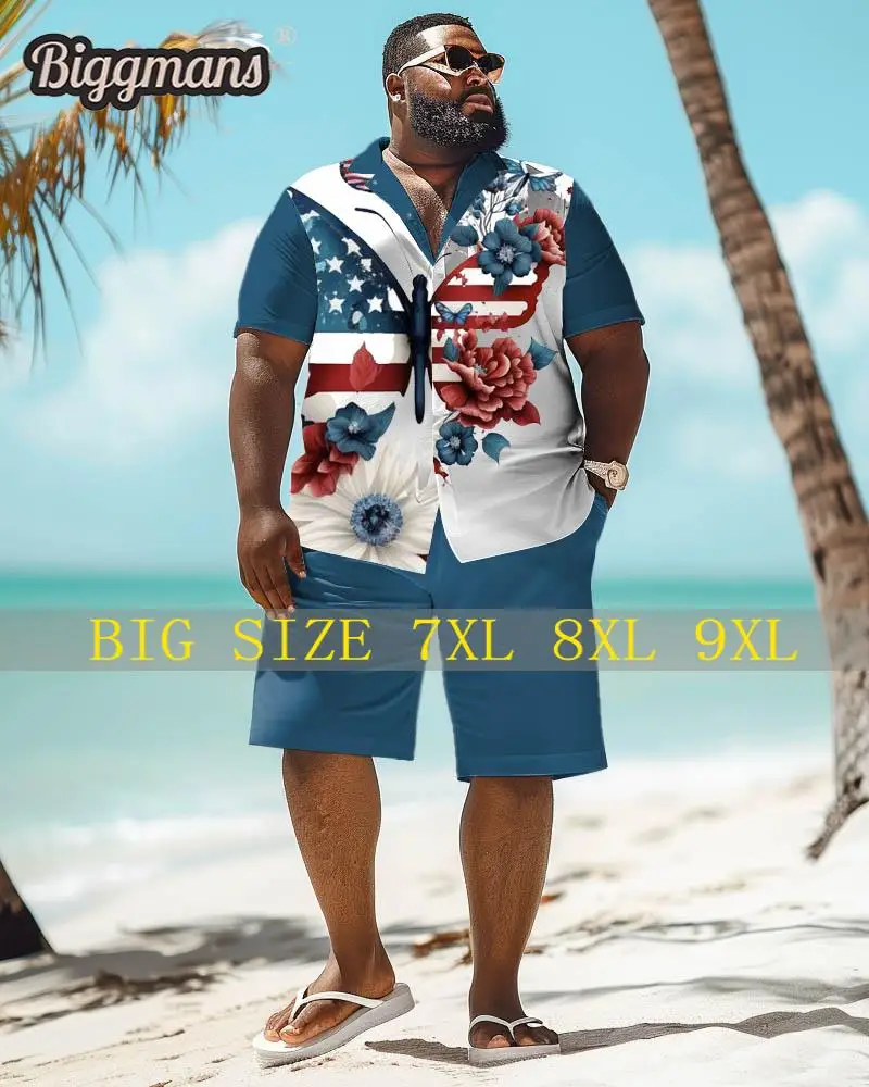 Biggmans Shirt Plus Size Set L-9Xl for Summer Oversize Hawaii Suit  Men's Gradient Coconut Tree Print Large 7XL 8XL