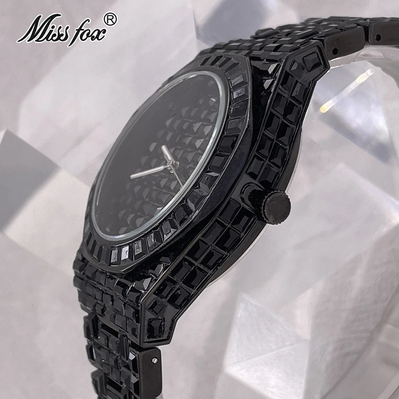 MISSFOX Iced Klockor Mode Herr Automatisk Date Vattentät Quartz Klockor Hip Hop Full Diamond Guld Armbandsur Rolej_voghion.com