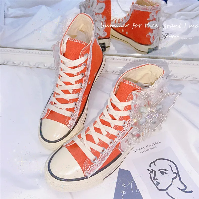 Summer 2022 Fashion Women Canvas Shoes High Women's Flat Vulcanized Shoes Orange Handmade Lace Bling Bow Sneakers