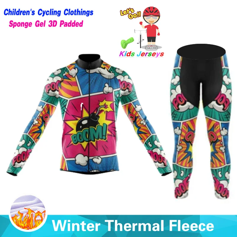 New Cartoon Kids Winter Cycling Jersey Set Children Thermal Fleece Racing Bike Cycling Suit Boy and Girls Clothing