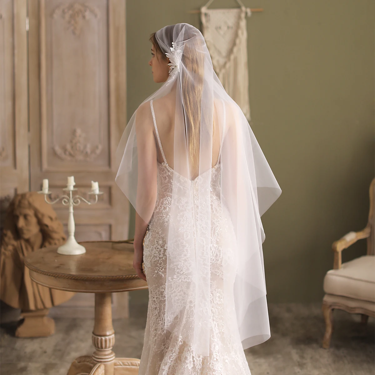 V820 Exquisite Wedding Bridal White Veil Plain Tulle Lace Wrapped Head Hairpins Brides Handmade Veil Women Marriage Accessories