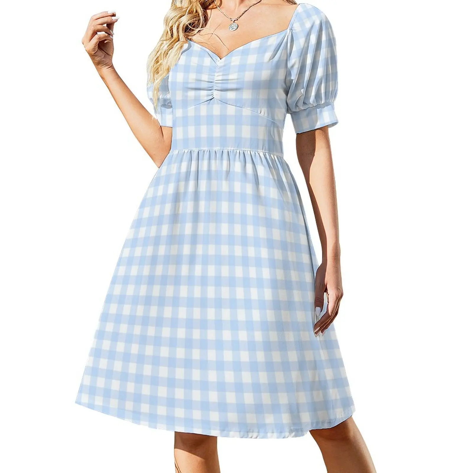 thumbnail image 1 of Vestido de verano de manga corta con estampado de cuadros vichy azules y cuadros de búfalo para mujer, falda para mujer, 1 of 8