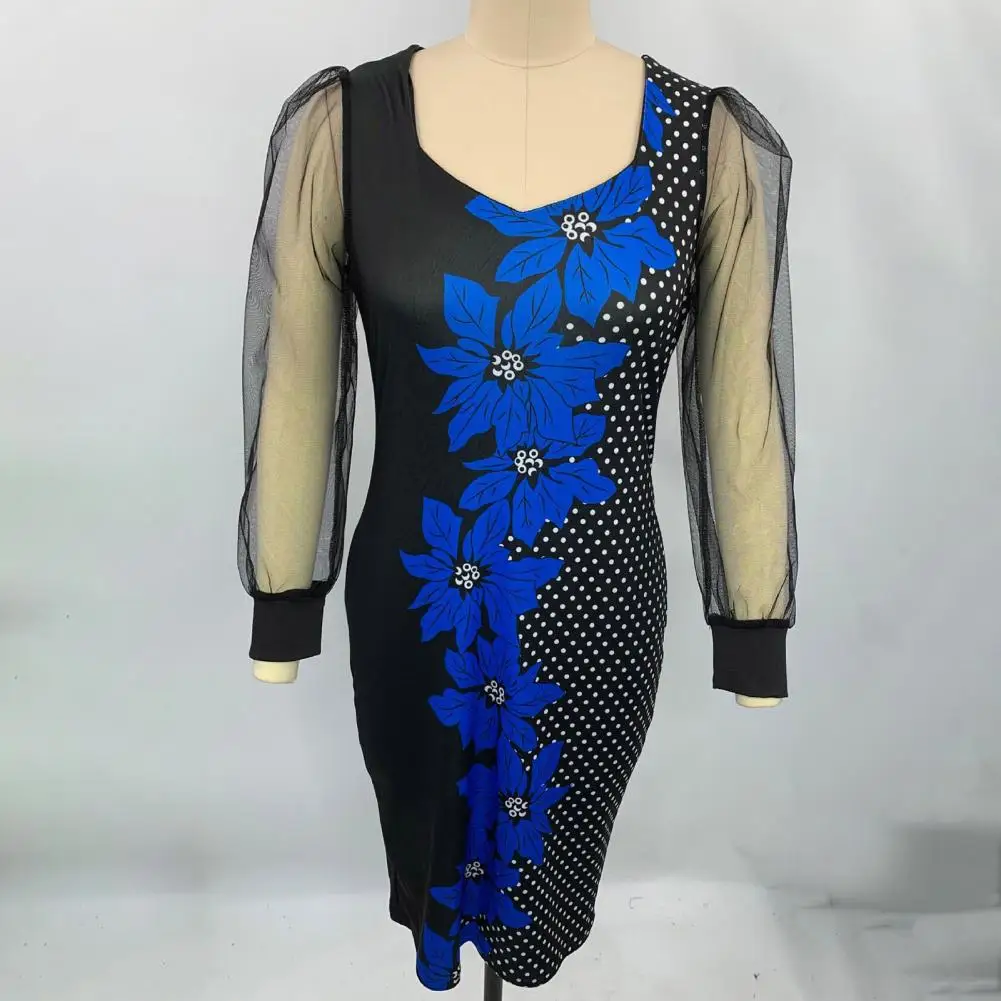 

Women Printed Dress Elegant V Neck Mesh Sleeve Midi Dress for Women Printed Sheath Knee Length Formal Dress Plus Size Slim Fit