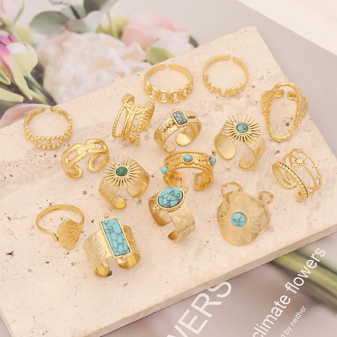 

Women's Gold Open Loop Adjustable Sun Rings Party Blue Hexagram Curve Geometric Opal Turquoise Vintage Ring кольца Anillos