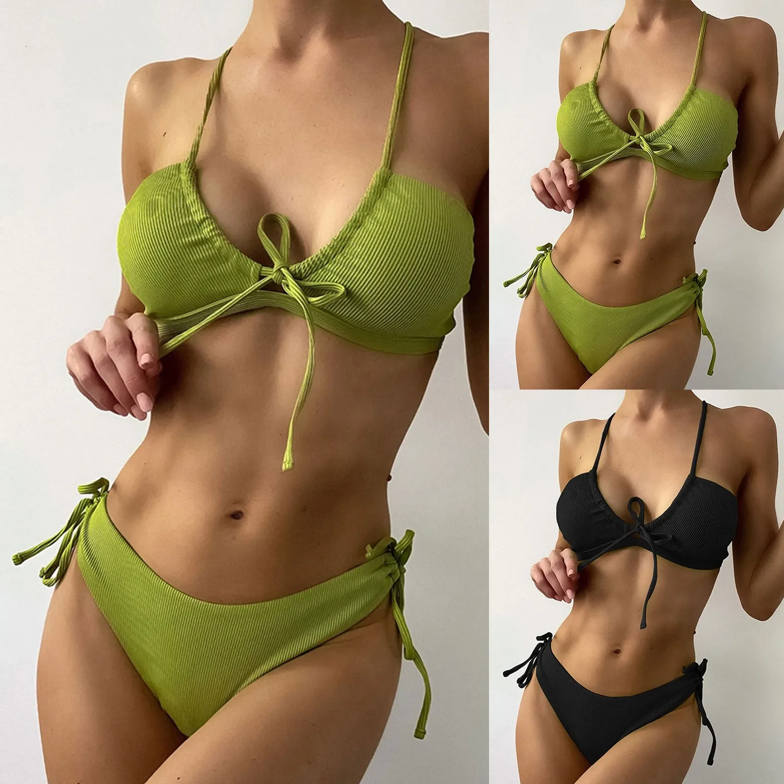 

Women's Swimsuit 2024 Summer Fashion Solid Colour Bikini Two Piece Swimwear Sexy Pit Stripes Tie High Waist Bikini Swimsuit