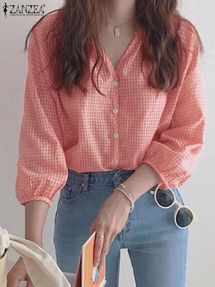 

ZANZEA Women Holiday Shirt 2023 Spring Summer 3/4 Sleeve Blouse Vintage Plaid V Neck Blusas Casual Loose Buttons Korean Tops