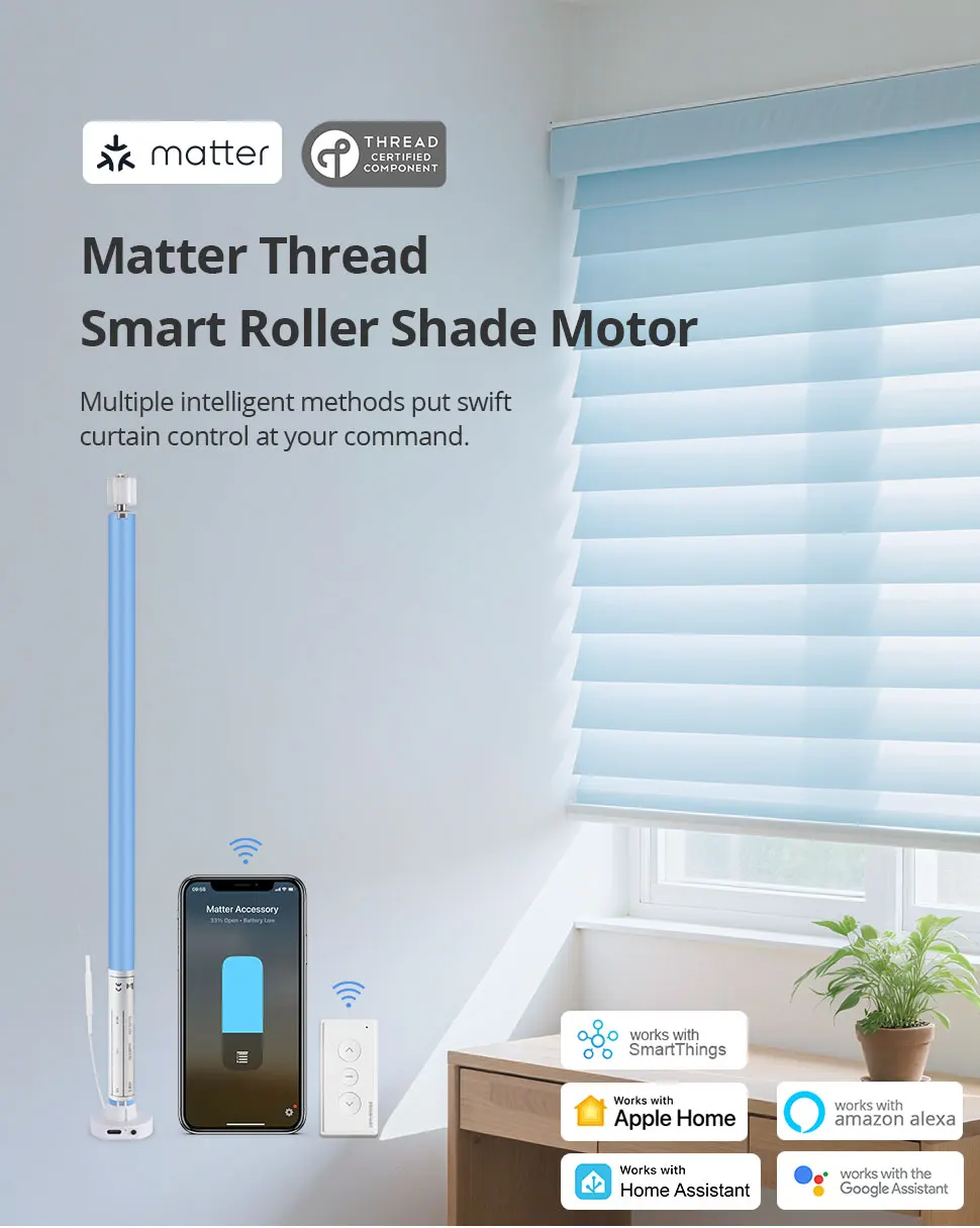 Matter Thread Roller Blinds Motor for 25 28mm Tube  Rechargeable Curtain Engine
