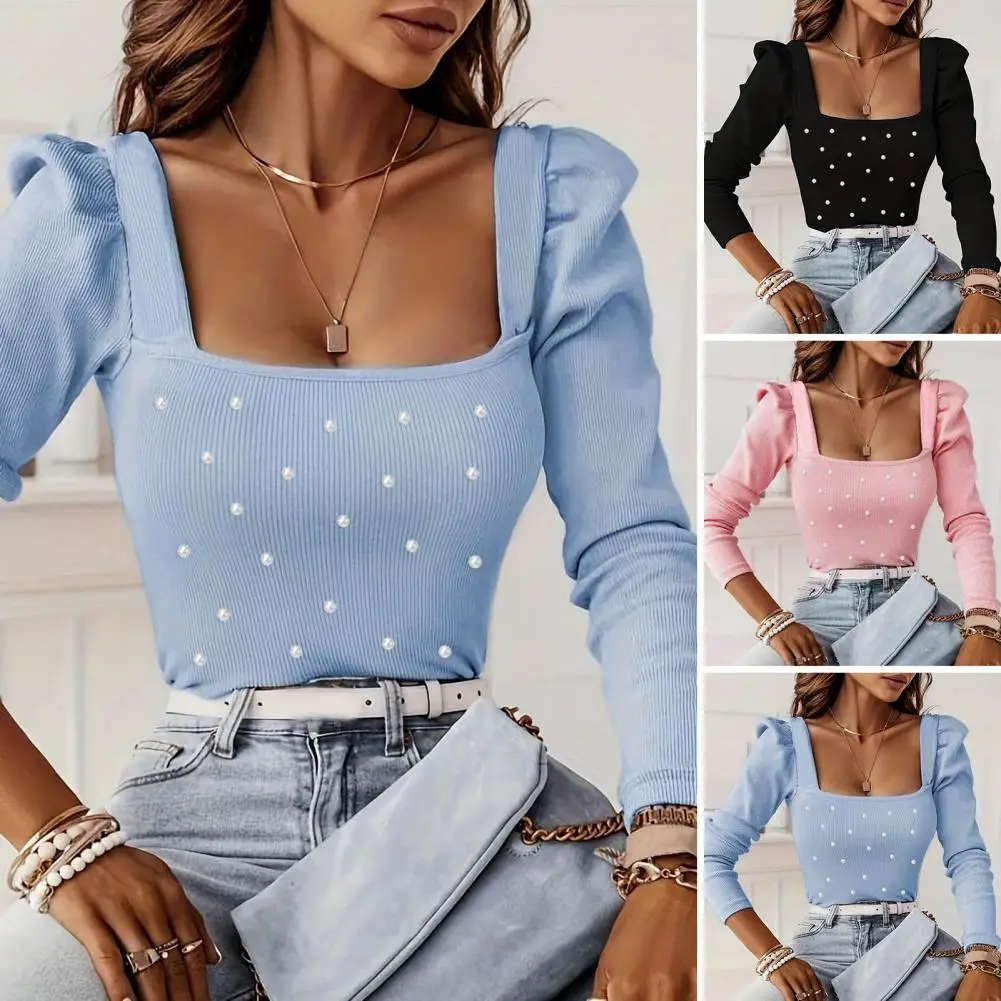 

Puff Sleeve Top Elegant Beaded Long Sleeve Blouse Square Neck Slim Fit Top Women's Spring Commute Wear Soft Stretchy Long Sleeve