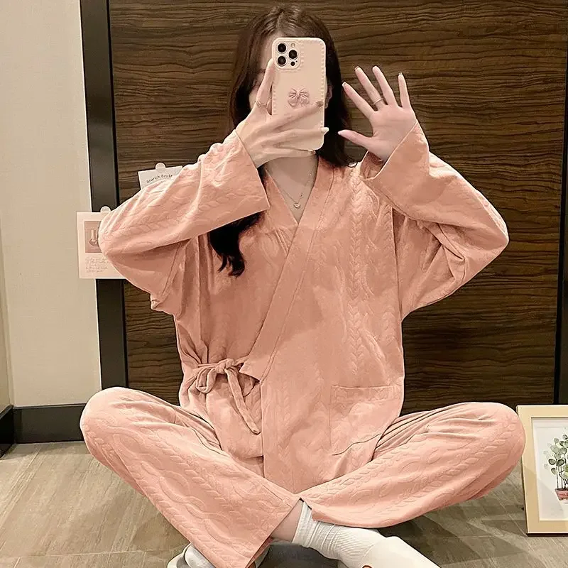 

Casual Solid Color Simple Nightclothes Suit 2024 Pure Cotton Pajamas Spring Autumn Women Long Sleeve High Sense Homewear Female