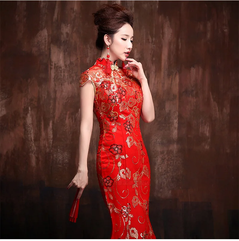 New Women Red Wedding Cheongsam Fishtail Dress Qipao Gold Embroidery Chinese Style Long Evening Dresses Party Costume