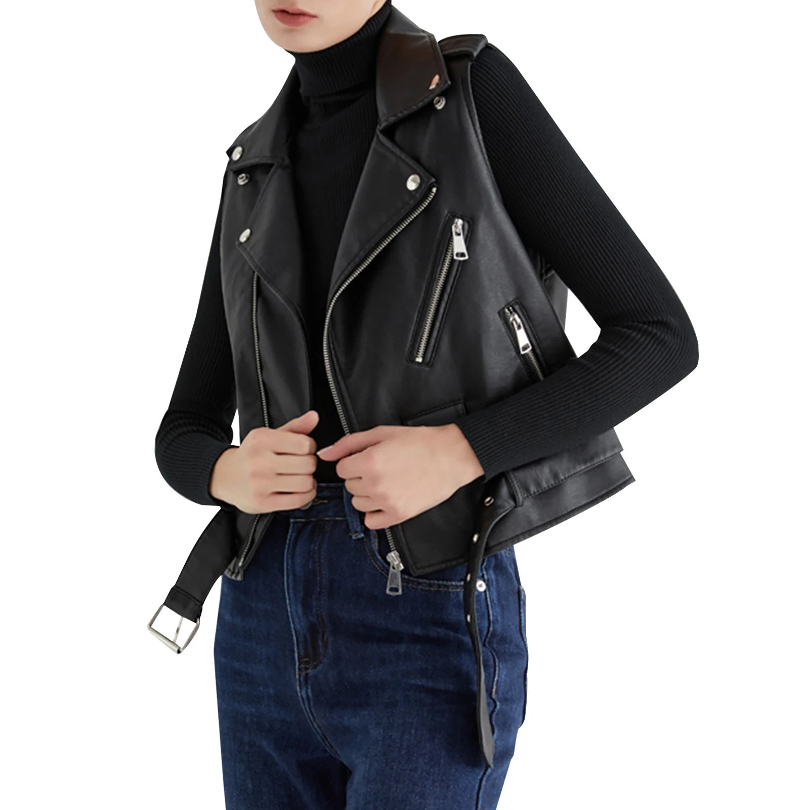 

Motorcycle Biker Zipper Women Vest Spring Autumn Travel Soft PU Leather With Adjustable Belt Fashion Daily Streetwear Casual