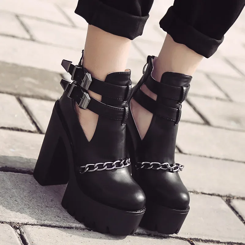 

Comemore High Heels Booties Woman 2023 Chain Thick Heels Platform Shoes Spring Demi-season Punk Gothic Ankle Boots for Women 42