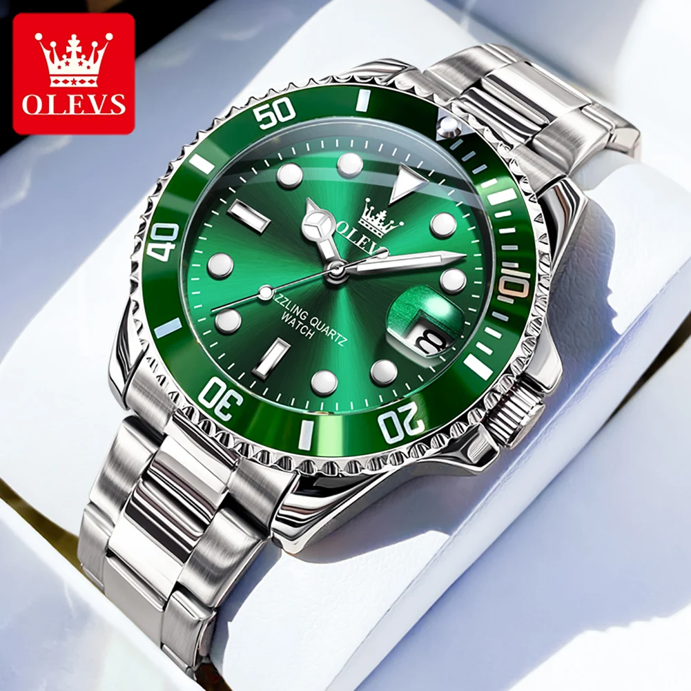 OLEVS 5885 Men's Watches Business Stainless Steel Strap Green Quartz Watch Waterproof Calendar Luminous High Quality Wristwatch
