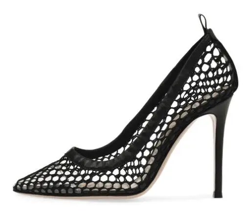 

Drop Shipping Black Air Mesh PVC Pointed Toe Hollow Shallow Slip On Pumps Women Stiletto High Heel Party Dress Shoes Size 46