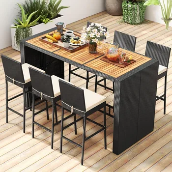 7-Piece Outdoor Wicker Bar Set – Acacia Top Table & 6 Stools 1