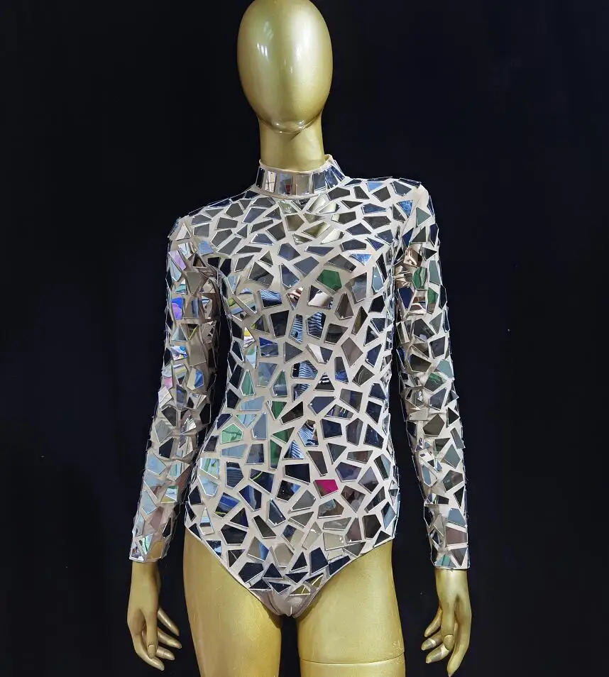

Reflective Lens Bodysuit Silver Mirror Sequins Leotard Stage Wear Bar Nightclub DJ Dancer Singer Glitter Performance Costume