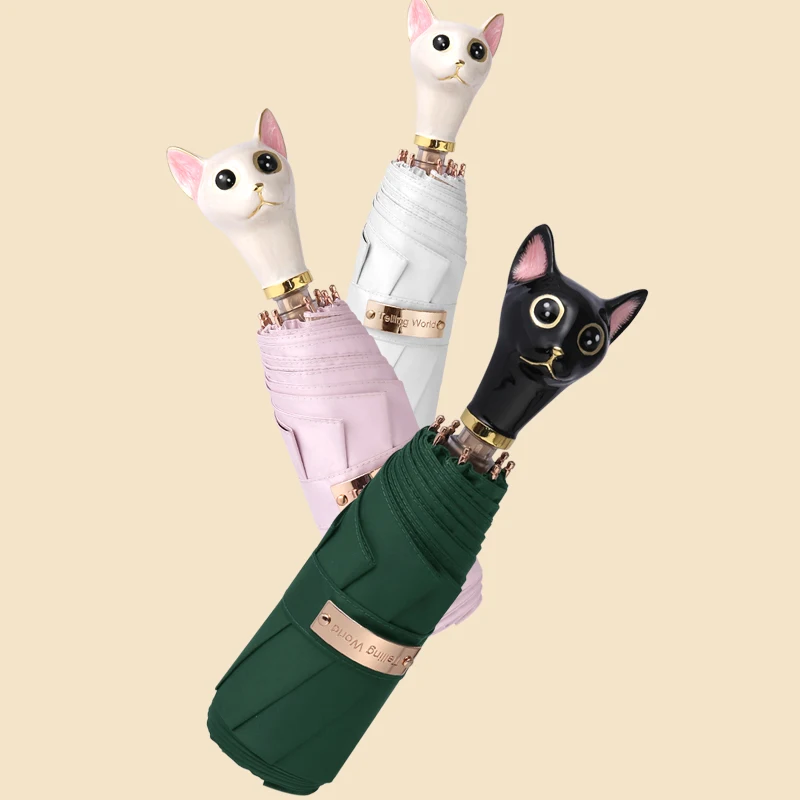 

Light luxury hand open cat five-fold sun umbrella women's sunscreen UV protection student shade