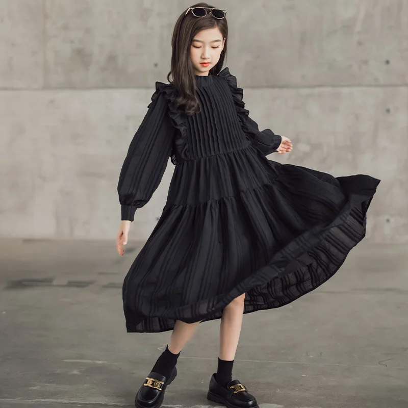 

Teen Girls Chiffon Maxi Dress Elegant Party Ceremony White Black Long Dress Spring Fall Summer Cotton Lining Muslim Girl Clothes