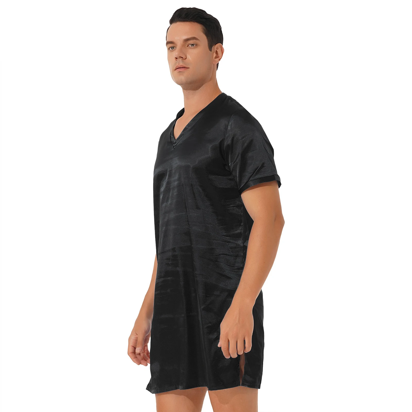 Men Women Satin Nightgown Sleep Robes 2023 V Neck Short Sleeve Sides Split Sleepwear Nightclothes Homewear Sides Split Nightwear