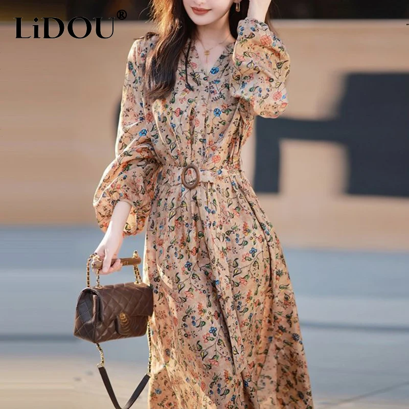 

Spring Summer V-neck Lantern Long Sleeve Floral Printing Dress Ladies Casual Fashion Waist Robe Women Vintage Elegant Vestidos