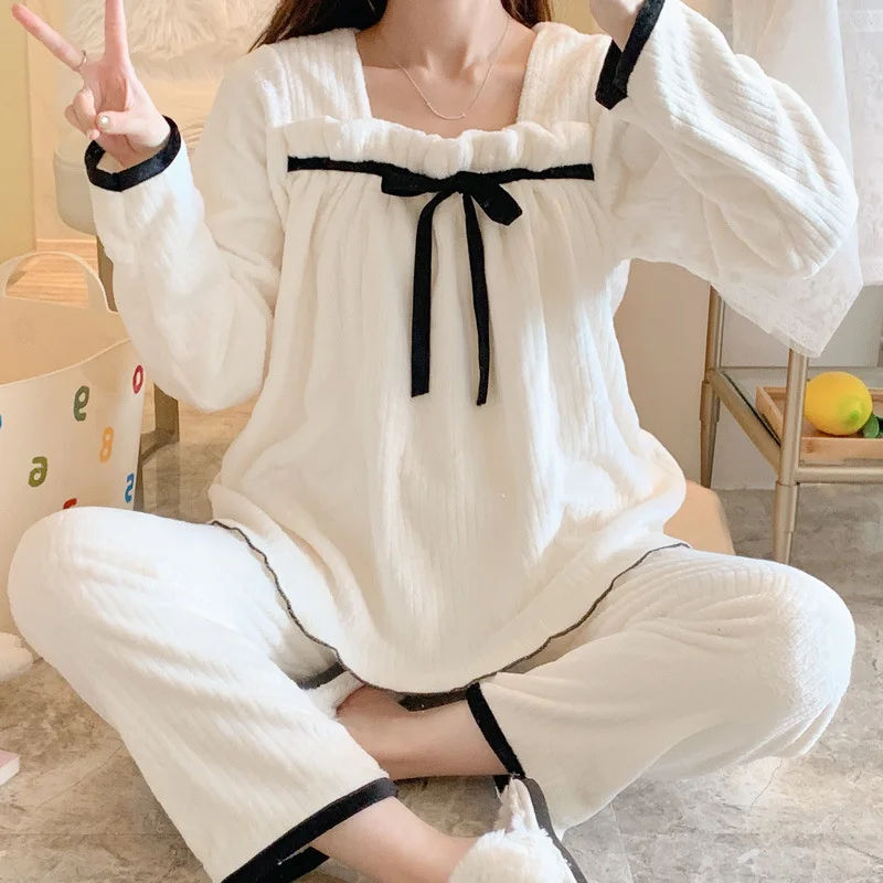 Women Pajamas Sets Winter Flannel Sleepwear Velvet Pyjama 2 Pieces Bow Print Pjs Warm Pijamas Mujer Female Loungewear Homewear