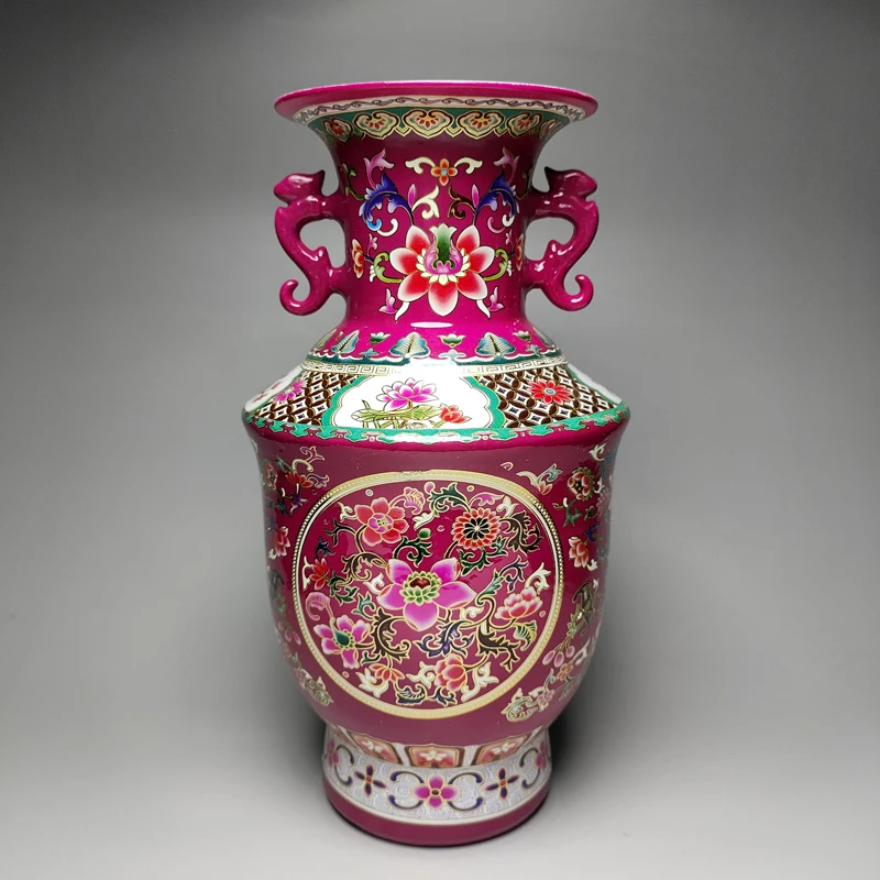 

Изысканный китайский пастельный фарфор Дракон и цветы два уха Специальная декоративная ваза