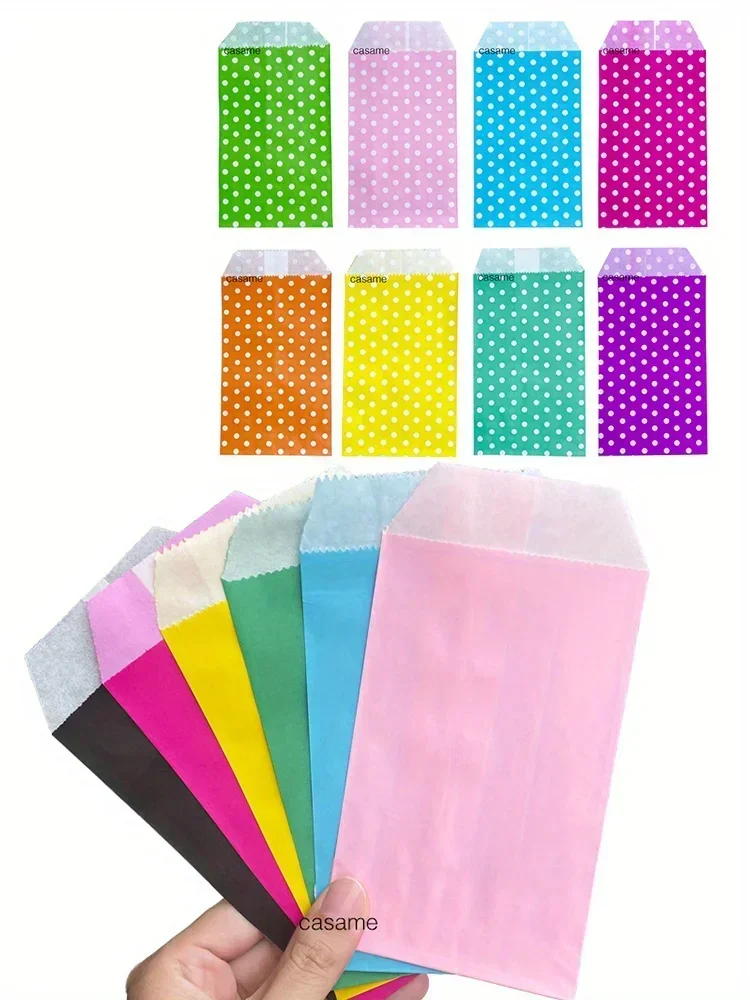 8 x 15 cm, 50 Stück Kraftpapiertüten mit weißem Polka Dot-Muster – perfekt für Hochzeiten, Partys und Kleinunternehmensbedarf – Detail 1