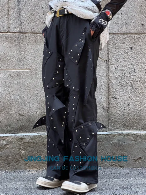 S-4XL!!2023 Men's heavy rivet bell bottoms metal armor pants black drag straight pants niche design couples customized