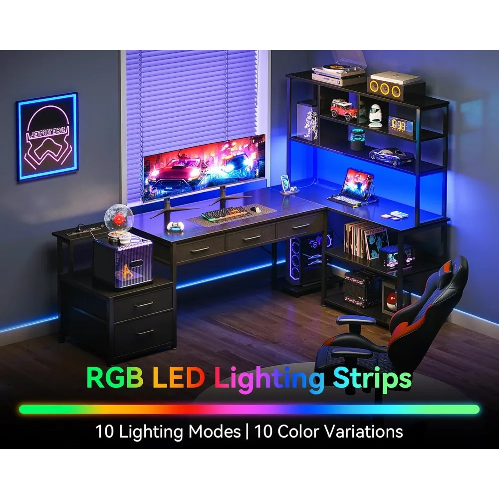 L-Shaped Desk with File Drawers, Power Outlets & LED Lights.Reversible Computer Gaming Desk with Storage Shelves for Home Office 2
